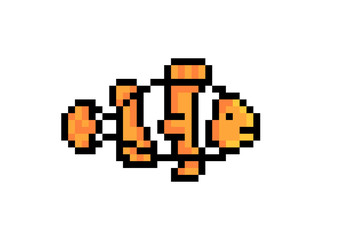 Fototapeta premium Clownfish/anemonefish old school 8 bit pixel art character icon isolated on white background. Pet fish symbol. Pet shop logotype.