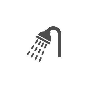 Shower, bathroom symbol vector glyph sign. Shower head with water drops pouring black isolated icon.
