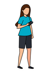 cute young woman using smartphone character