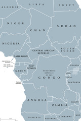 Central Africa region, political map. Area with borders. Core region of the African continent, also called Middle Africa. Gray illustration on white background. Vector.
