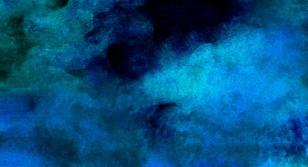 Fototapeta na wymiar Bright light blue neon watercolor on deep black paper background. Aquarelle painted ink canvas for modern creative design. Lightning night sky and thunder storm, smoke texture illustration.