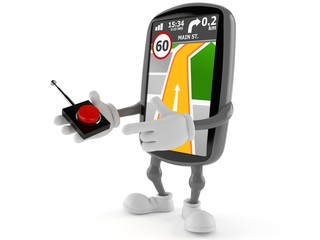 Fototapeta premium GPS navigation character pushing button on white background