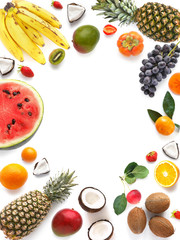 Various  fruits (watermelon, pineapple, coconut) isolated on white background, top view, creative...