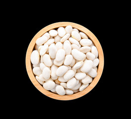 White beans in wood bowl isolated on white background