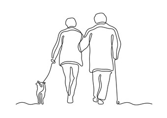 Elderly couple walking with dog continuous line vector illustration