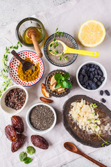 Flt lay of super foods on white background. Cooking healthy food concept.