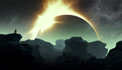 mysterious figure standing on the edge of a cliff in surreal fantasy landscape with dramatic sky, magical solar eclipse landscape illustration © andreiuc88