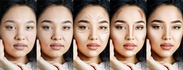 Collage of brunette woman applying makeup step by step.