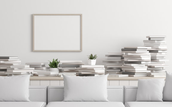 Closeup of stack of books and picture frame on white wall background - 3D rendering