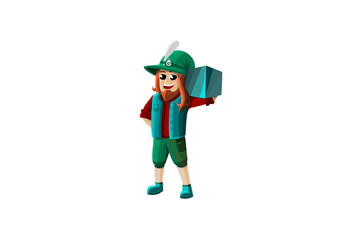 character in a hat, holding a box on his shoulder, a loader in a green suit. - Vector
