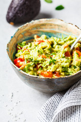 Fresh avocado tomato guacamole in a bowl. Healthy plant based food concept.