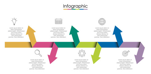 Vector infographic template with six steps or options. Illustration presentation with line elements icons.  Business concept design can be used for web, brochure, diagram, chart or banner layout.