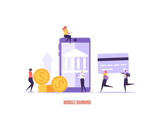 Concept of online banking, transfer money, cashback, money growth. Man with phone and debit or credit card pays and gets money online. Modern vector illustration in flat design with tiny people