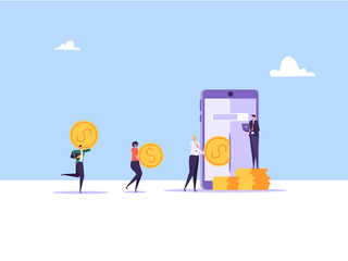 Concept of online banking, transfer money, cashback, money growth. Man with phone and debit or credit card pays and gets money online. Modern vector illustration in flat design with tiny people