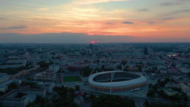 MINSK, BELARUS - MAY, 2019: Aerial drone shot view of city centre. Dinamo stadium and sports objects from above.
