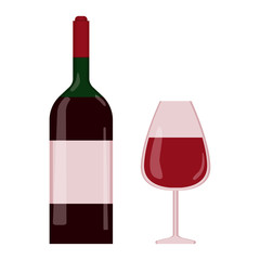 A wine bottle and a glass of wine in flat syle.