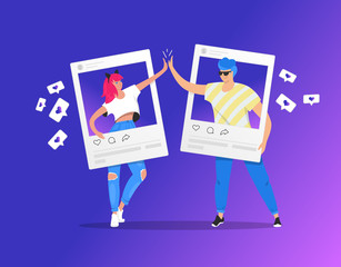 Greeting with a high five in social media between two teenage accounts. Gradient vector illustration of two young teenegers in social networks. People standing into photo cards with with a high five