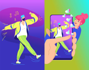Social media concept vector illustration of young teenage girl watching a video of dancing guy