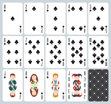 Poker playing cards of Clubs suit. Blue background. Original design deck. Vector illustration