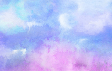 Beautiful fantasy colorful aquarelle paper textured ink effect grungy wet pastel illustration for design. Gentle blue, purple and pink shades watercolor background for vintage card, retro template