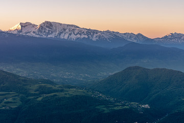 French landscape - Chartreuse. Panoramic view over the valleys and Alps nearby Grenoble at sunrise.