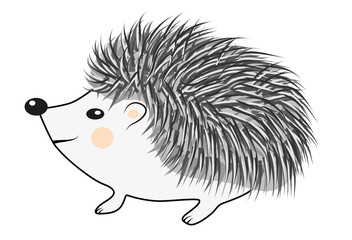 Cool little hedgehog in cartoon style wearing blue t-shirt with red spot on gray background