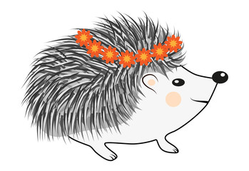 Cool little hedgehog in cartoon style wearing blue t-shirt with red spot on gray background