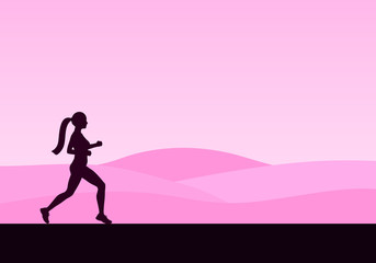 Pink sport design. The silhouette of the running woman in the nature. Hills in the background.