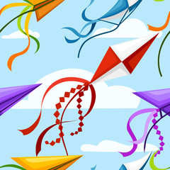 Pattern of fly kite on blue sky with white clouds, colorful kite cartoon style flat vector illustration horizontal banner