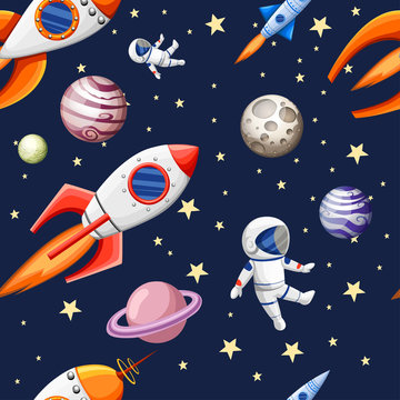 Seamless pattern of space elements cartoon design space rockets planets stars and cosmonaut flat vector illustration