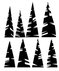 Fototapeta premium Black silhouette set of eight green evergreen pine tree different size of spruce tree icon collection flat vector illustration