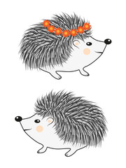 Cool little hedgehog in cartoon style wearing blue t-shirt with red spot on gray background