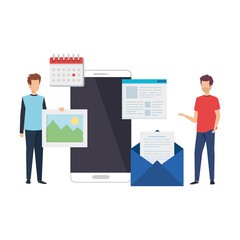 young men with smartphone and webpage icons