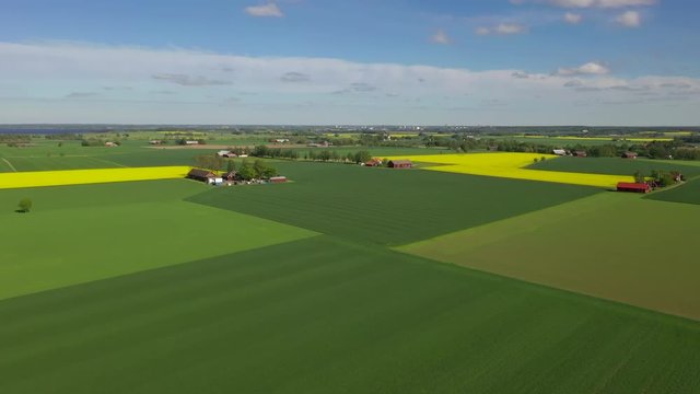 Aerial footage of farm landscape in district Ostergotland, Sweden