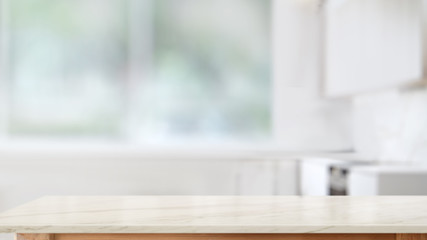 Top marble counter table for product display montage over kitchen window background
