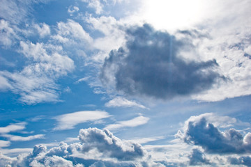 white cumulus clouds in the form of cotton wool on a blue sky. background, bright sky texture