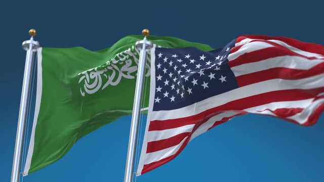 4k Seamless United States of America And Saudi Arabia Flags with blue sky background;A fully digKSAl rendering;The flag 3D animation loops at 20 seconds;USA KSA.