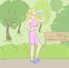 Running girl drink water outside sketch illustration