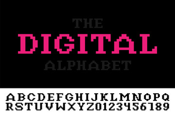 Digital minimalistic pixel font - video game style. Vector english trendy alphabet. Techno latin letters and numerals