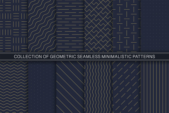 Collection of vector geometric seamless minimalistic patterns - simple goldish textures. Blue endless backgrounds