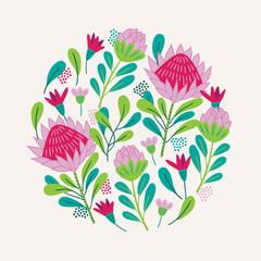 Jungle greeting card with protea, flowers and leaves