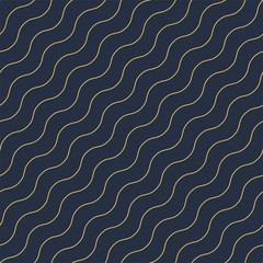 Vector geometric seamless diagonal wavy pattern - goldish striped rich texture. Stylish blue background