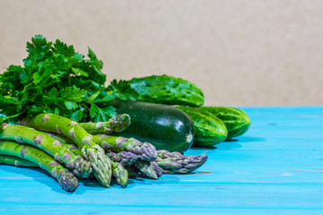 Fresh and healthy asparagus, cucumber, parsley, zucchini is an excellent and balanced diet.
