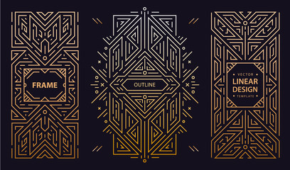 Vector set of art deco frames, adges, abstract geometric design templates for luxury products. Linear ornament compositions, vintage. Use for packaging, branding, decoration