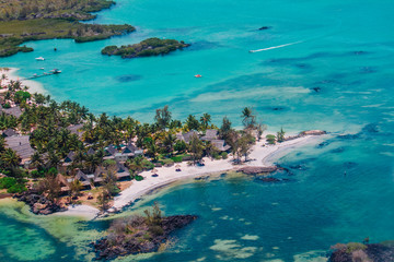 Naklejka na ściany i meble Luxury resort in Mauritius, aerial view taken during helicopter flight