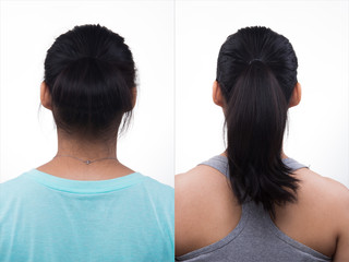 Asian Woman before after applying hair do style. no retouch, fresh face, back side view. Studio lighting white background, for aesthetics therapy treatment