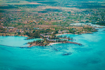 Luxury resort in Mauritius, aerial view taken during helicopter flight