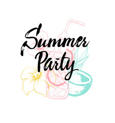 Summer party lettering hand drawn illustration