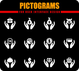 Hand and money icons set