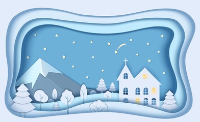 Fototapeta na wymiar Mountain forest landscape in paper cut style. 3d paper cut church with night starry sky, shooting star for concept design. Merry christmas card. Vector Holiday frame